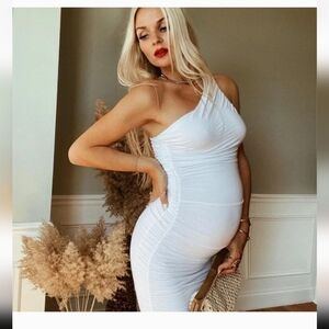 PinkBlush Ruched Bodycon Midi Maxi Maternity Dress S White City Whimsical #8